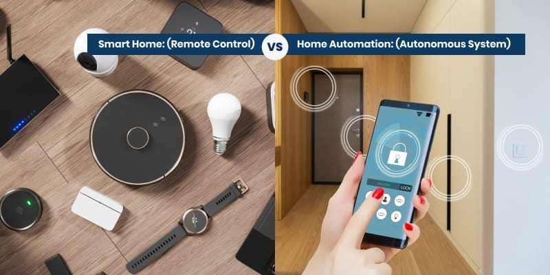 A visual comparison of a smart home vs home automation setup.